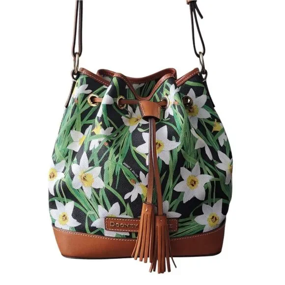 Dooney & Bourke Daffodil Tassel Drawstring Bucket Bag Purse Floral Leather Trim - Picture 4 of 13